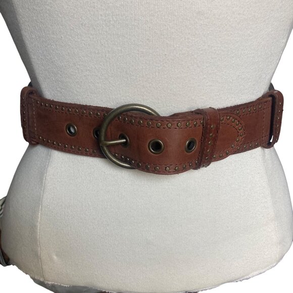 Vintage Y2K Abercrombie & Fitch Boho Brown Leather Belt Large Brass Buckle Studs main image 5